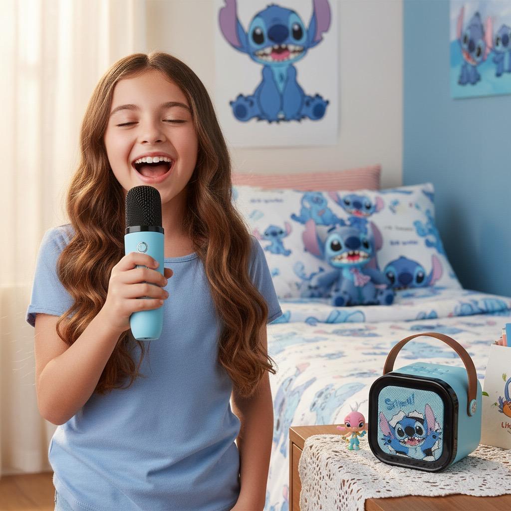 Girl singing into a light blue handheld microphone beside the matching character speaker