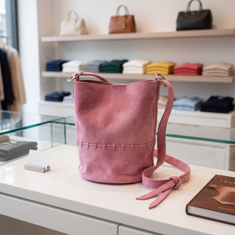 Pink stitched bucket crossbody bag with an adjustable shoulder strap