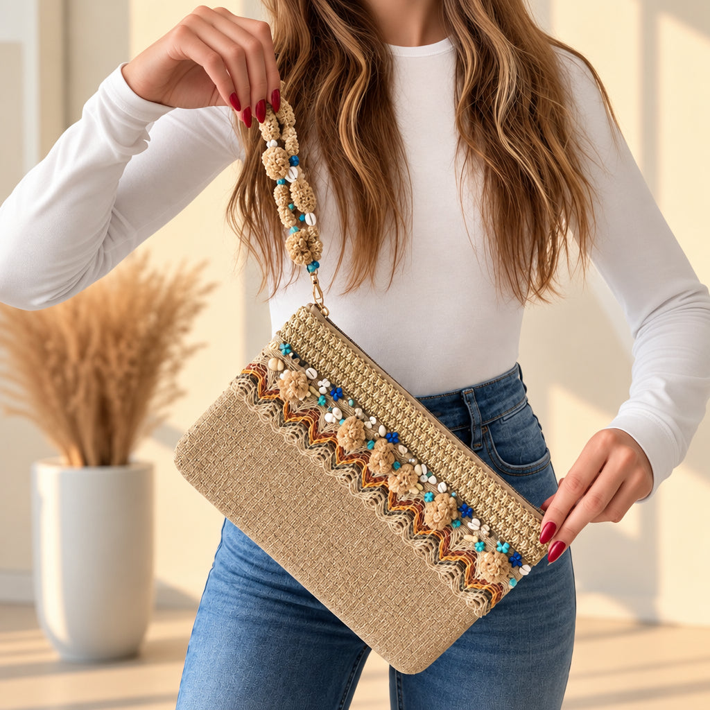 Beige jute clutch with a straw panel, pom poms and blue star beads on a pom pom strap