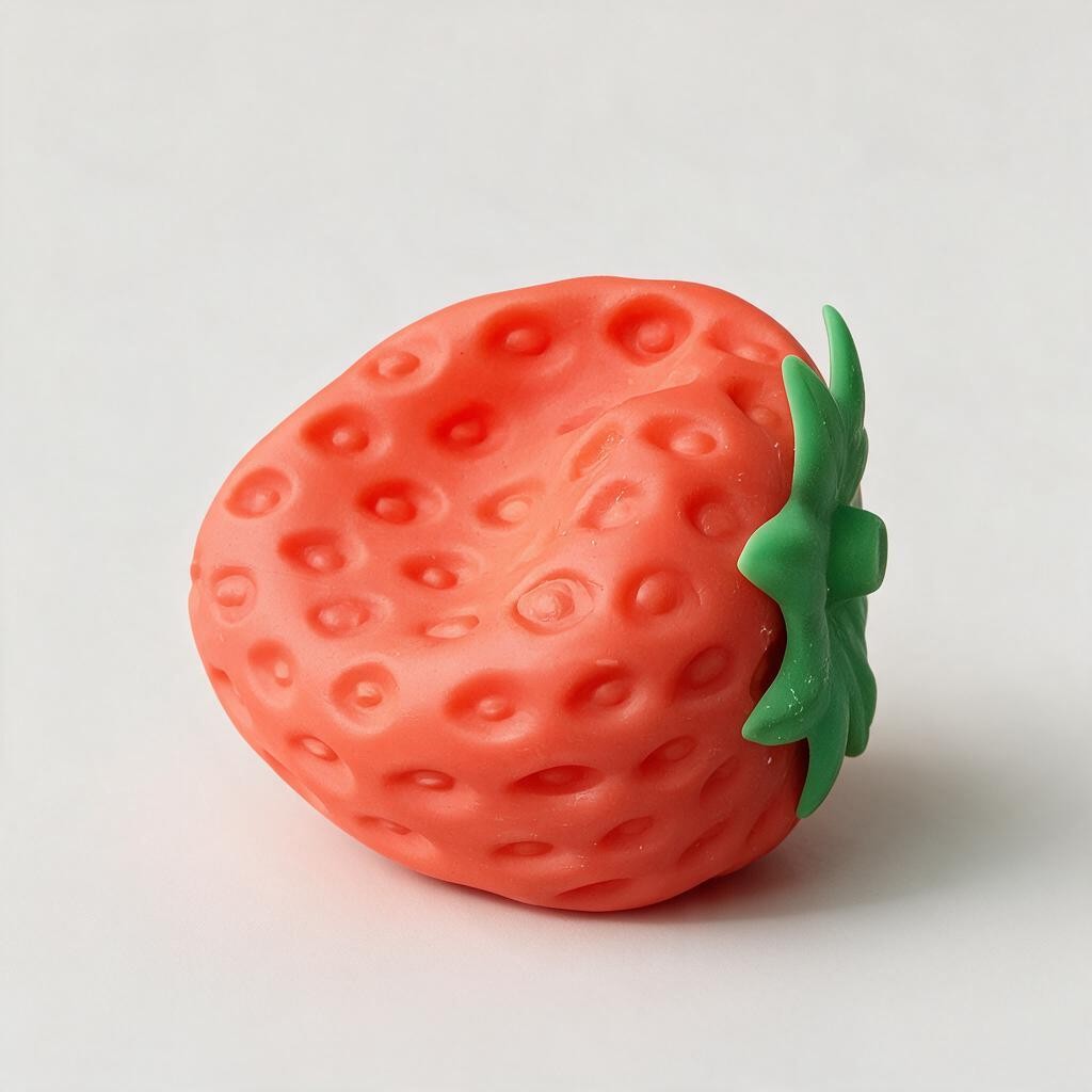 Side view of a red strawberry squishy showing its seed dimples and green leaves