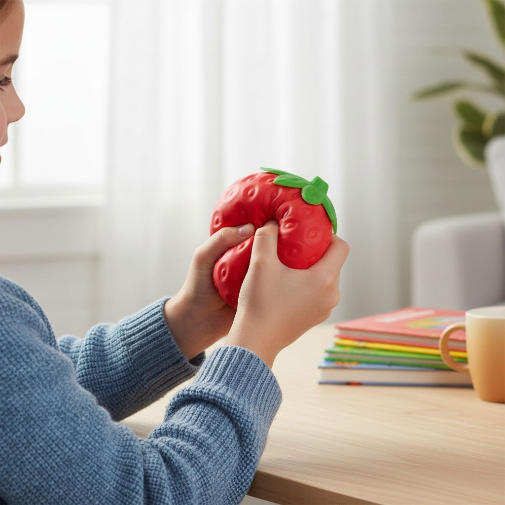 Kid squeezing a strawberry squishy toy for sensory play, Jack Gifts Lebanon