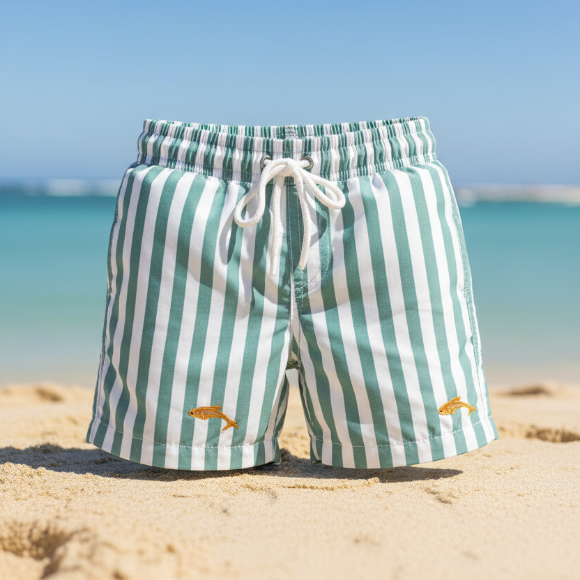 Green and white striped shorts on a sandy beach with ocean in the background