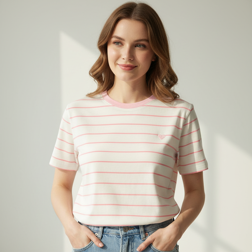Pink stripes with a small heart at the collar