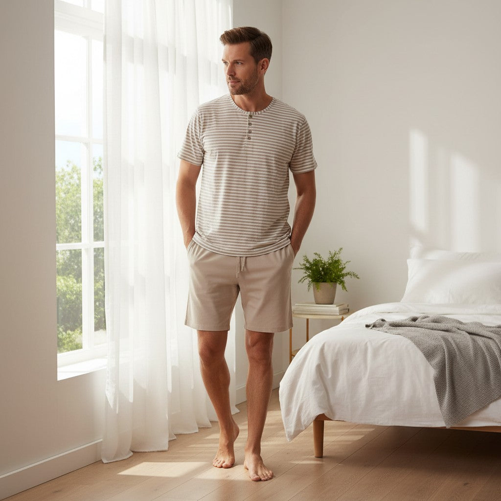 Man wearing a beige striped henley pyjama set in a bright bedroom