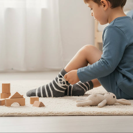 Kids fluffy charcoal and cream striped panda socks worn on a rug, Jack Gifts Online Lebanon