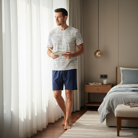 Striped shortset pyjama worn holding a book in a warm bedroom