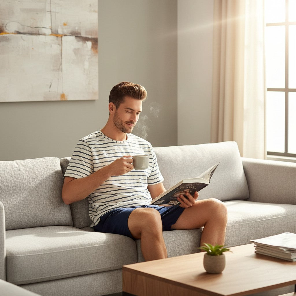 Striped shortset pyjama worn reading on a sofa with morning coffee