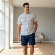 White and navy striped tee with plain navy shorts