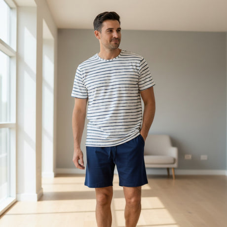 White and navy striped tee with plain navy shorts