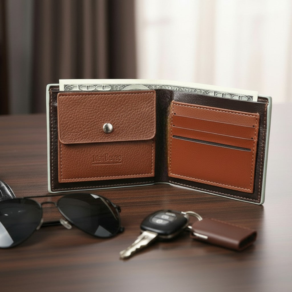 Studio men wallet opened on a wooden surface with sunglasses and keys