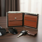 Studio men wallet opened on a wooden surface with sunglasses and keys