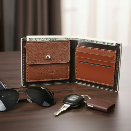 Studio men wallet opened on a wooden surface with sunglasses and keys