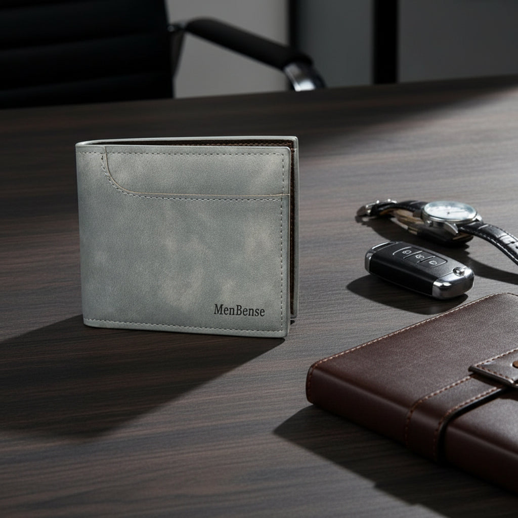 Grey leather wallet against on a wooden desk with a key and a watch in the background