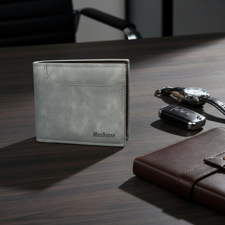 Grey leather wallet against on a wooden desk with a key and a watch in the background