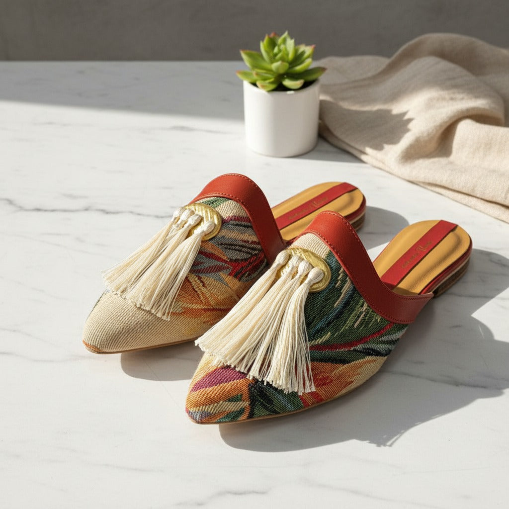 Colorful handmade slippers with tassels on a light surface with a plant and towel in the background