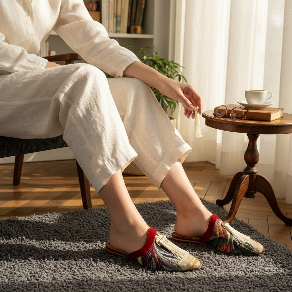Person wearing colorful handmade slippers sitting on a rug in a cozy room with a small table and books