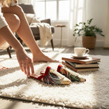 Person putting on stylish handmade slippers in a cozy living room with a cup of coffee and books