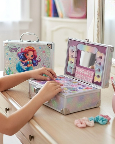 Holographic kids makeup case with a mermaid lid and an open play palette