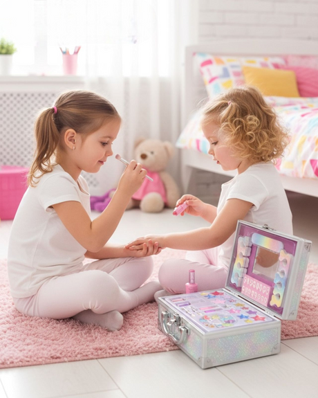 Girls painting play nails with a kids makeup box in a bedroom