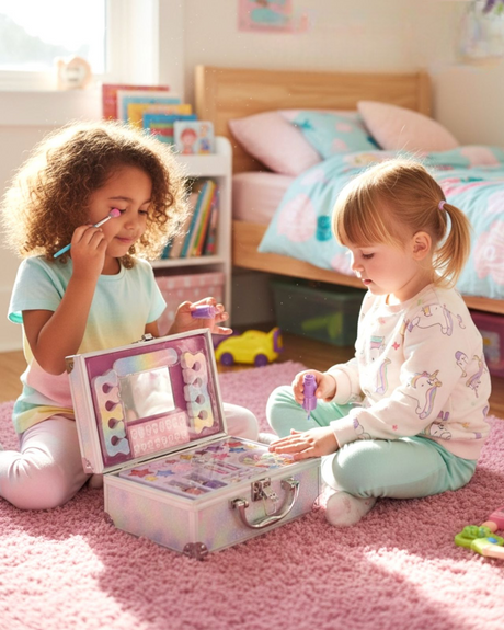 Two girls playing with a holographic pretend makeup case on a pink rug