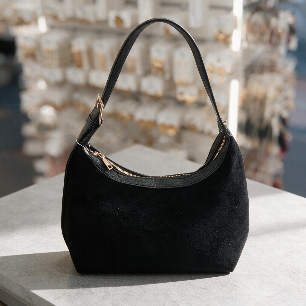 Black suede finish hobo bag with a buckle shoulder strap and gold zip against a jewellery wall