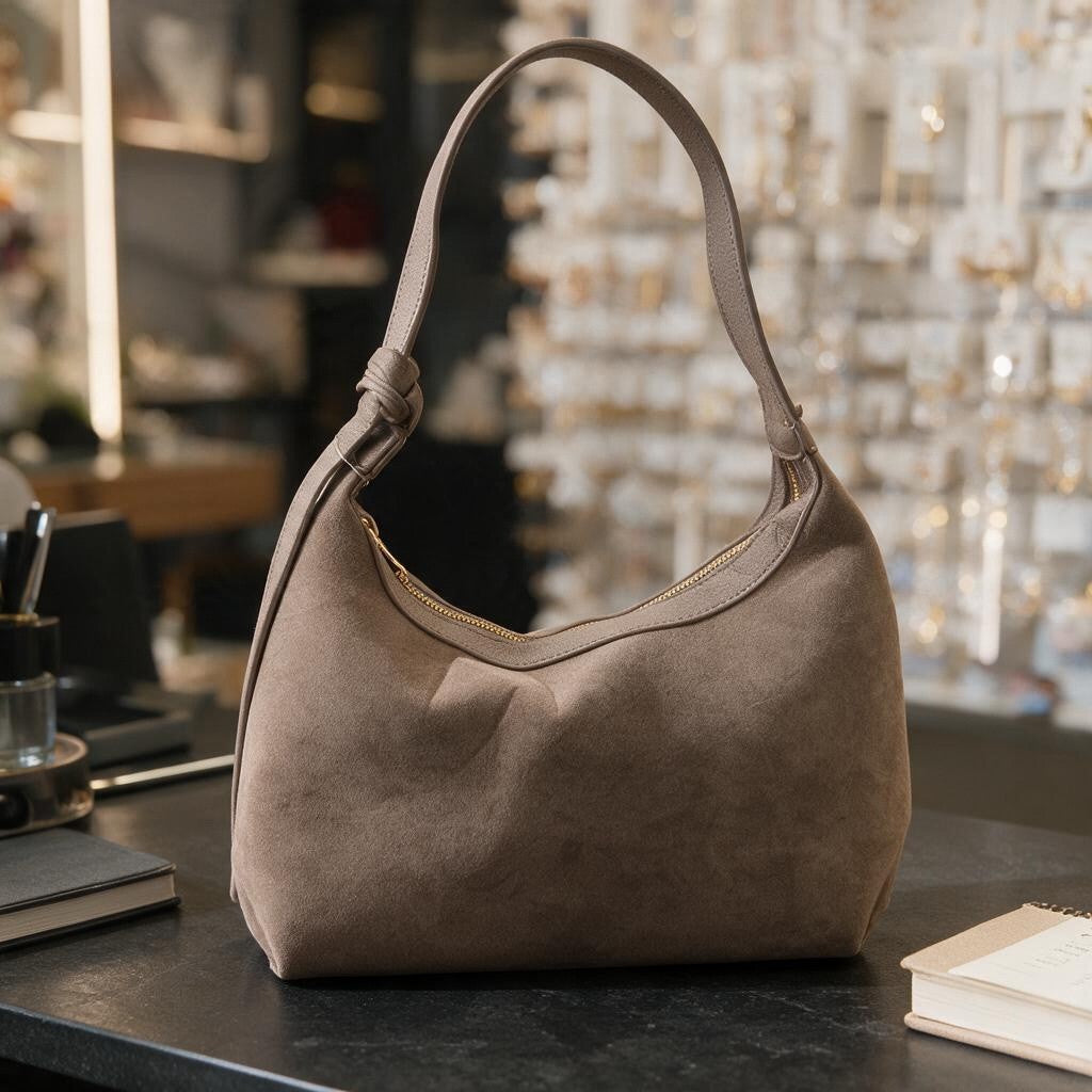 Grey suede finish hobo bag with a knotted shoulder strap and gold zip on a dark counter