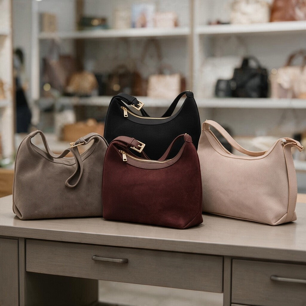 Four suede finish hobo shoulder bags in grey, black, burgundy and blush pink on a boutique counter