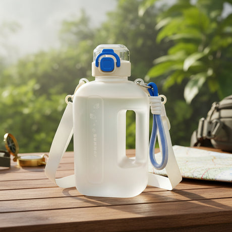 White summer water bottle with blue accents on a wooden surface outdoors