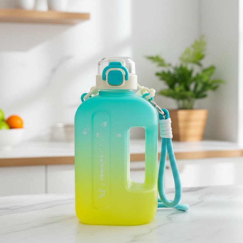Gradient cyan and yellow summer water bottle with a strap on a kitchen counter