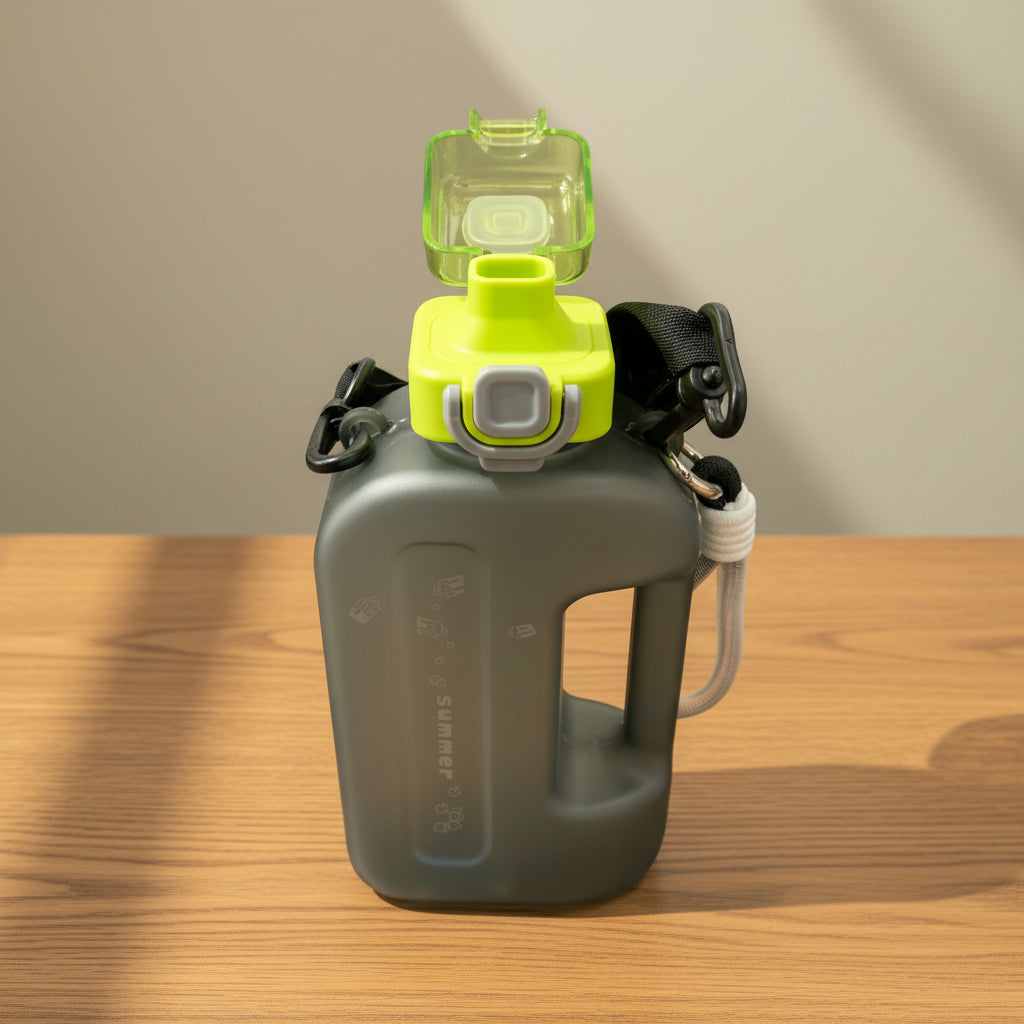 Grey water bottle with a light green cap and black strap on a light grey background