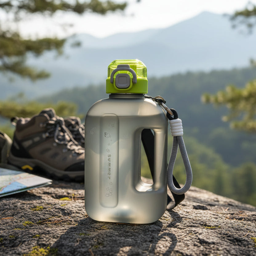 Grey summer water bottle jug showing the screw collar and knotted rope carry strap