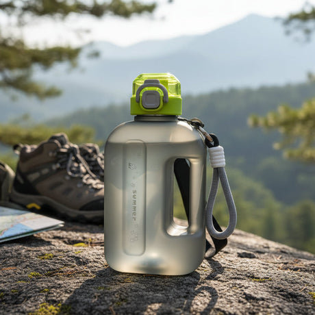 Grey summer water bottle jug showing the screw collar and knotted rope carry strap