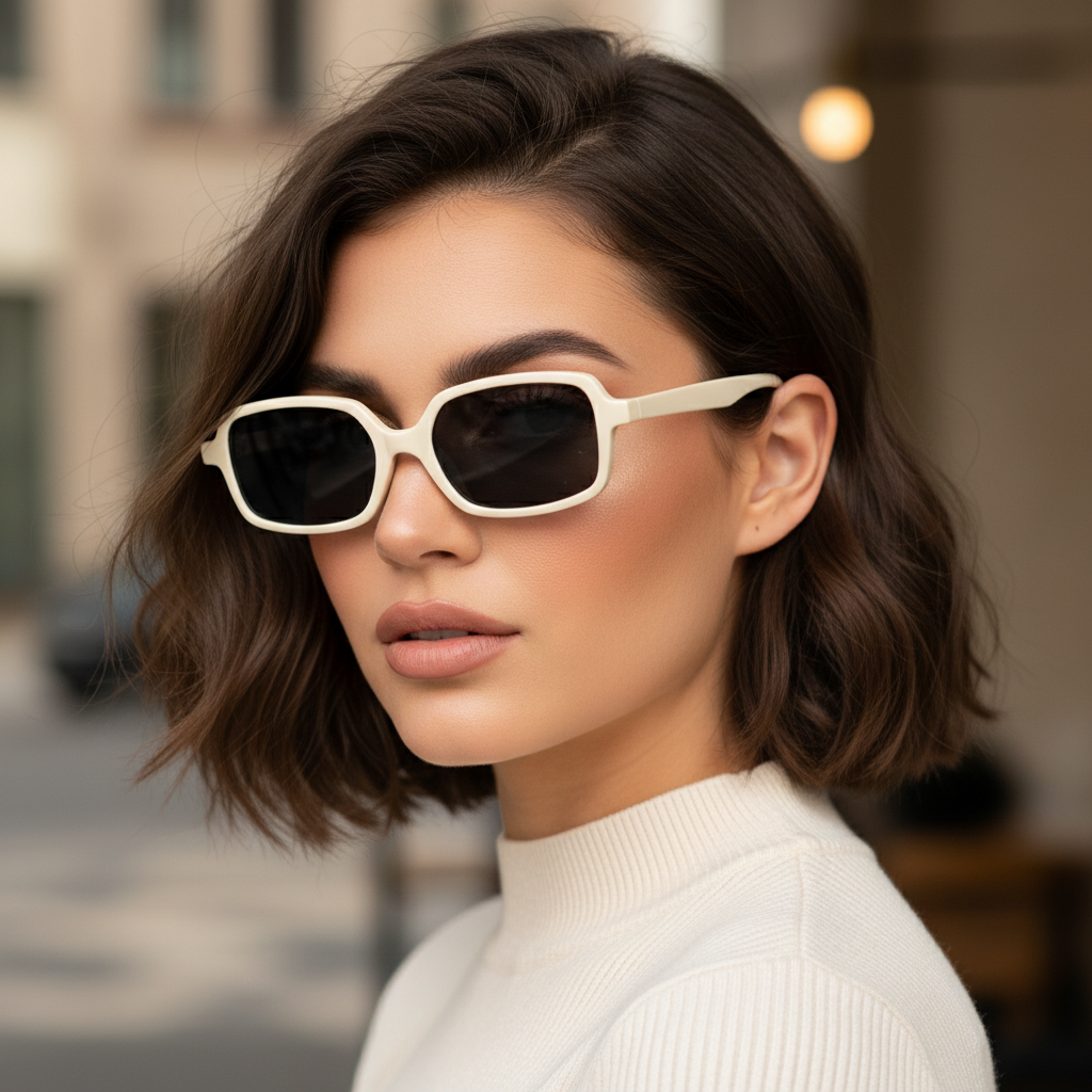 Woman wearing white sun chic sunglasses with a blurred background