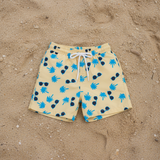Beige shorts with blue palm trees and sunglasses on a sandy background