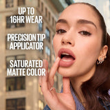Model applying Matte Ink with 16hr wear, precision tip and saturated colour claims