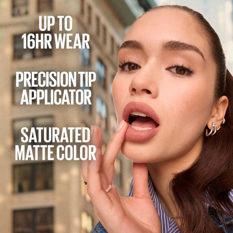 Model applying Matte Ink with 16hr wear, precision tip and saturated colour claims