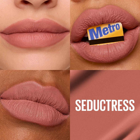 Seductress shade worn on three skin tones with the shade name panel