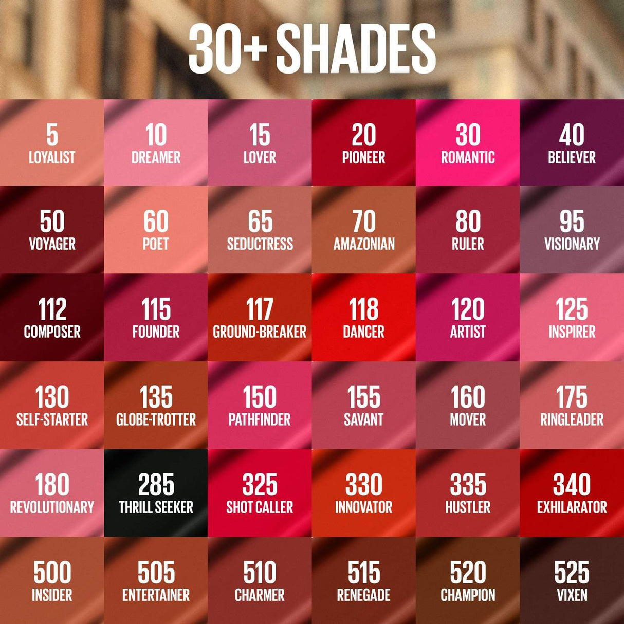 Full Superstay Matte Ink shade chart showing over thirty numbered lip colours