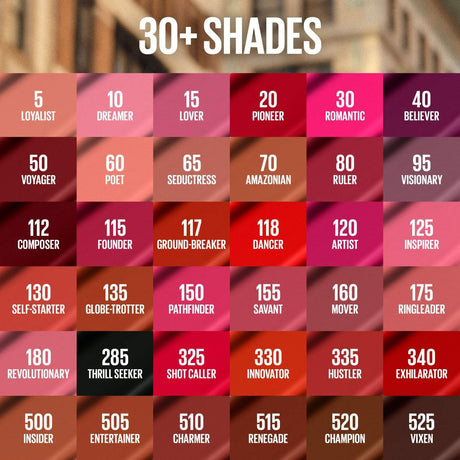 Full Superstay Matte Ink shade chart showing over thirty numbered lip colours