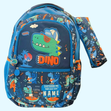 Navy dino surf print backpack with matching pencil case, mesh side pocket and name tag panel