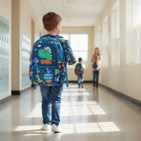 Boys navy surf dino school backpack with green T rex patch and pencil case