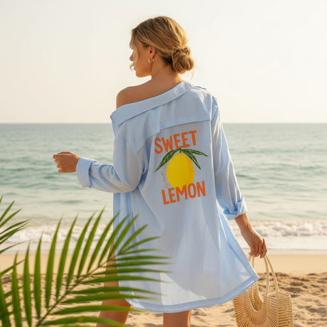 Women's sky blue Sweet Lemon print shirt dress, beach cover up, Jack Gifts Online Lebanon