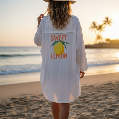 Women's white Sweet Lemon print shirt dress, beach cover up, Jack Gifts Online Lebanon