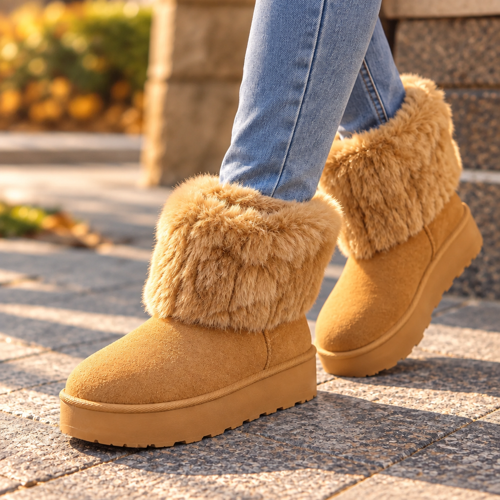 Woman in jeans walking in tan faux suede platform boots with a fluffy fur cuff