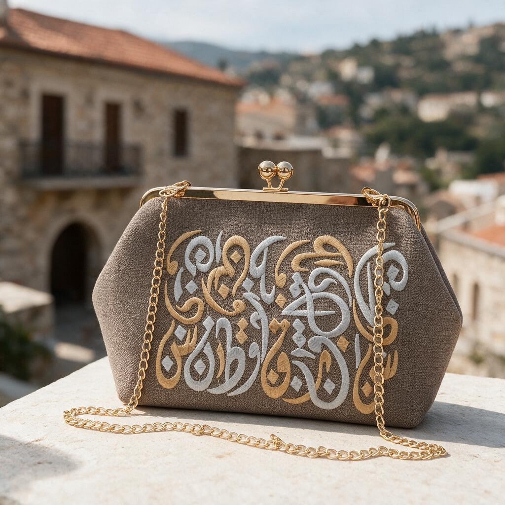 Taupe linen look clutch with gold and white Arabic lettering, red roof village and hills behind