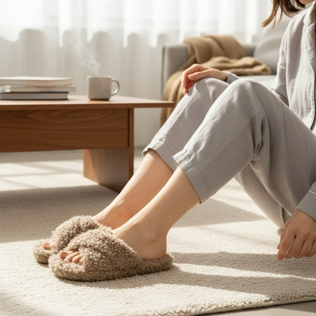Taupe boucle slippers worn with grey linen trousers on a cream rug at home
