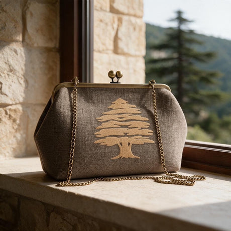 Taupe kiss lock clutch with a gold cedar on a stone window ledge, pine covered hills outside
