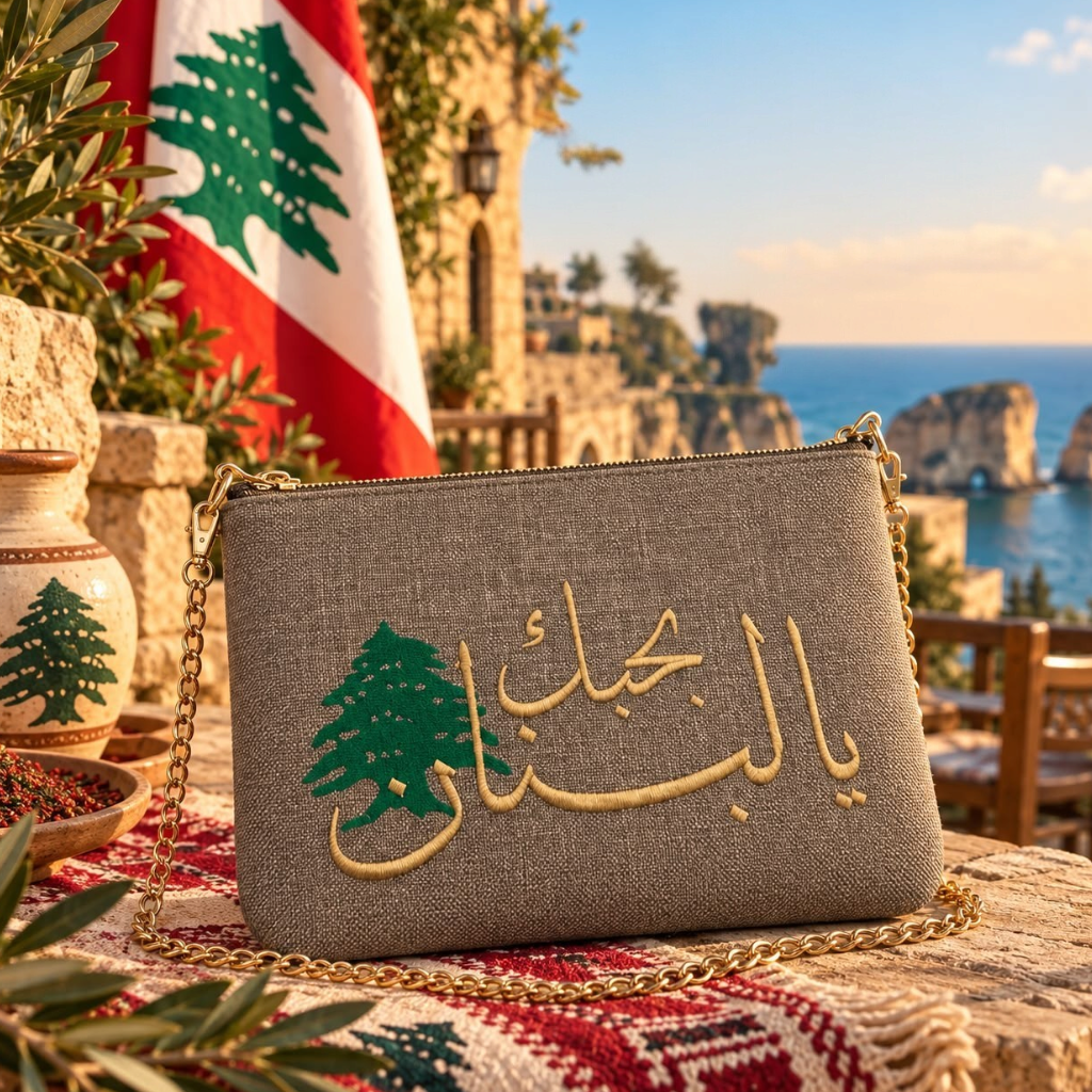 Handmade taupe grey pouch with gold Arabic I love you Lebanon embroidery and a green cedar, with the Lebanese flag behind