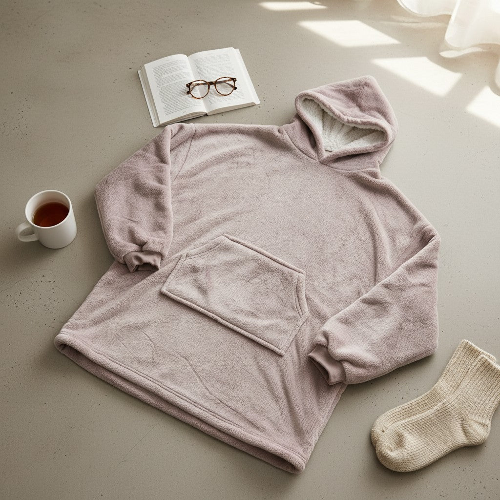 Taupe hooded blanket laid flat showing the sherpa lined hood and front pocket