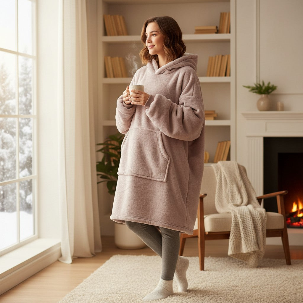 Taupe hooded blanket worn standing in a bright room with a snowy window behind